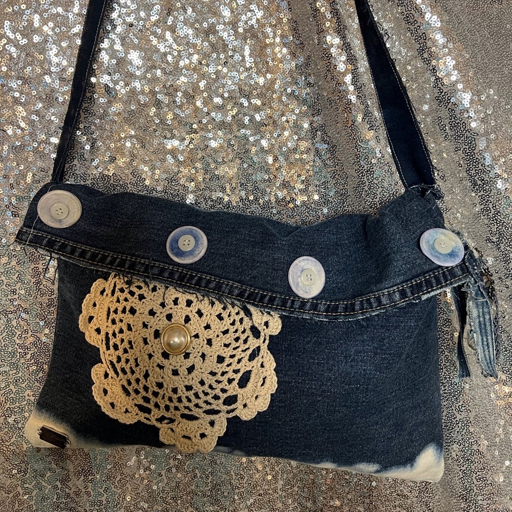 BOHO Up-Cycle Denim & Lace Purse (Handbag) Handcrafted, hand sewn, made well!